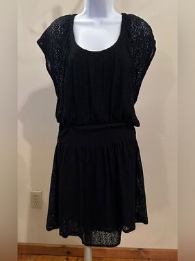 Leifnotes Black Lace Blouson Mini Dress